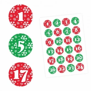24 Adventskalender Zahlen Aufkleber ROT/GRÜN Schneeflocken-rund 4 cm Ø-Sticker - Bild 1 von 4