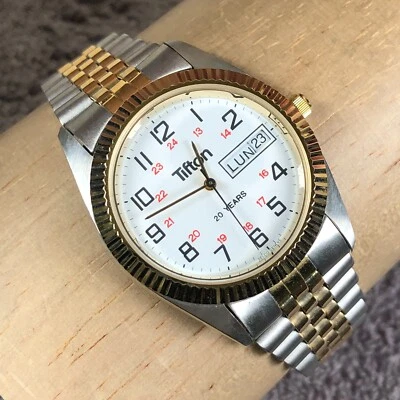 Мужские кварцевые часы Selco Geneve Tifton с рифленым безелем дата двухцветные 35 мм 8 3/4 дюйма - Изображение 1 из 4