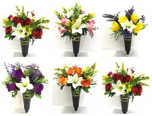 Artificial Flower Memorial Grave spike Hand made Lilies and Roses - Picture 1 of 13