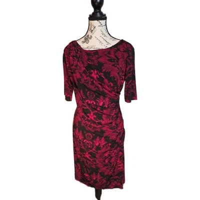 Connected Apparal Black & Red Pattered V-Neck Faux Wrap Stretch Dress Size 10P - Image 1 of 4