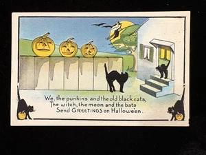 GEBRAUCHT 1924 HALLOWEEN PC JACK O'LANTERNS AUF ZAUN, KATZEN IM HOF, HEXE IM FLUG - Bild 1 von 2