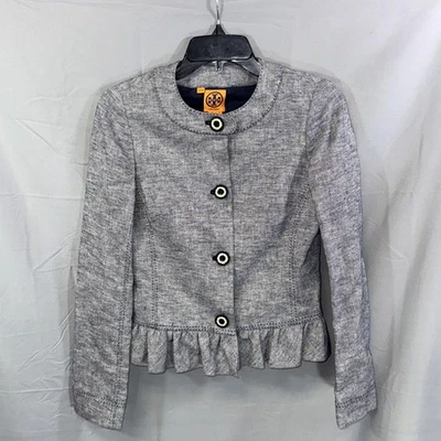 Chaqueta Tory Burch Mujer 2 Gris Lino Algodón Volantes Dobladillo Botón Delantero Blazer Elegante Foto 1 de 4