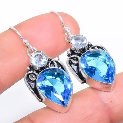 Blue Topaz, Tanzanite Quartz Gemstone 925 Sterling Silver Earring 1.6" J909 - Image 1 of 4