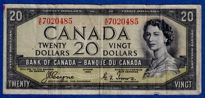 CANADA $20 (1954) BC-33a / P-70a  Circulated DEVIL'S FACE 👿 ** A/E 7020485 ** - Image 1 of 3