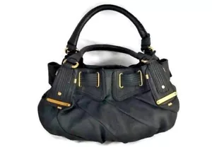 JUICY COUTURE Heavy Black Leather Hobo Bag Purse Rugged Brass Fixtures 15X9X6 - Picture 1 of 11