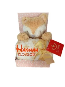 Kinder Baby Set mit Name & Geburtsdatum bestickt **Fuchs / Braun-Gelb** - Picture 1 of 3