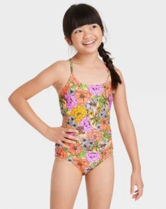 Girls' One Piece Cutout Cross Back Floral Swimsuit Orange Cat & Jack S (6/7) - Picture 1 of 4