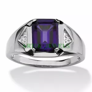 Natural Amethyst Gemstone With 14K White Gold Plated Silver Ring for Men's #17 - Picture 1 of 13