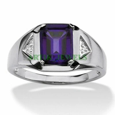 Natural Amethyst Gemstone With 14K White Gold Plated Silver Ring for Men's #17 - Image 1 of 4