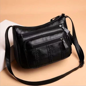 Soft Leather Women Solid Crossbody Bags Braided Multi Pocket Shoulder Handbags - Picture 1 of 10