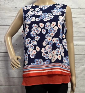 Rose & Olive Floral Tank top Medium Navy Blue Red White Semi-Sheer Back Zipper - Picture 1 of 14