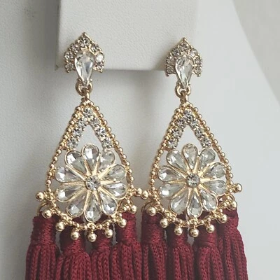 Tassel Dangle Drop Earrings Burgundy Red Gold Tone & Rhinestones Post Back - Image 1 of 4