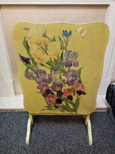 Upcycled Decoupage Iris With Butterfly On 1930s Wood Folding Table Fire Screen - Picture 1 of 4