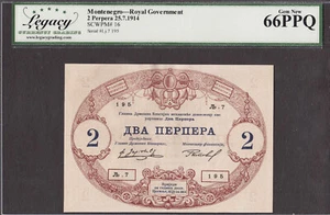 Montenegro 2 Perpera 1914 Pick-16 GEM UNC Legacy 66 PPQ - Picture 1 of 2
