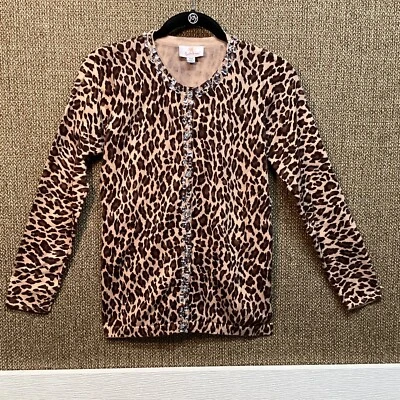 Cárdigan suéter Quacker Factory para mujer talla XXS estampado animal tostado mangas largas Foto 1 de 4