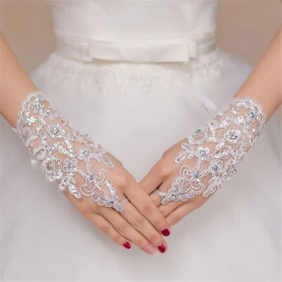 Women Bridal Wedding Gloves Party Fingerless Lace Short Paragraph Rhinestone - Image 1 of 4