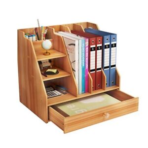 Desk Organizer Pen Pencil Holder Storage Tray Desktop Office Wood Box w/ Drawer