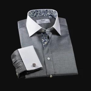 Grey Oxford Business Shirt Easy Iron Boss Mens Formal With Black Floral Lining - Picture 1 of 10