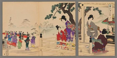 Tríptico en madera Toyohara Chikanobu - Visita al Festival de Buda Foto 1 de 4