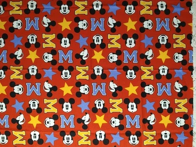 REMNANT Mickey Mouse Cotton Fabric Red Mouse Ears Letters Stars 12 x 24" + - Image 1 of 3
