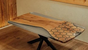 36x18" Live Edge Wood & Hexagon Inlay Epoxy Coffee Table | Modern Slab Furniture - Picture 1 of 5