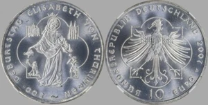 2007-A ALEMANIA PLATA 10E "ST ELIZABETH VON THURINGEN" NGC MS67 solo 2 superior - Imagen 1 de 4
