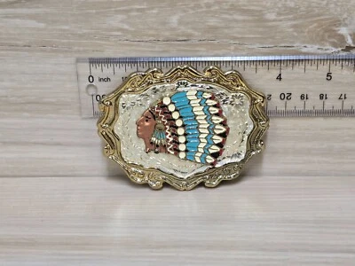 Vintage Rockmount Native American Cheif Silver & Gold Tone Belt Buckle - Image 1 of 2