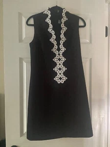 Eliza J Black Sleeveless Little Black Dress White Scroll Front Zip 6 - Picture 1 of 5
