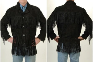 Para Hombres Nueva Chaqueta Vaquera Occidental Negra Gamuza Cuero Flecos Hippie Boho WFJ95 - Imagen 1 de 4