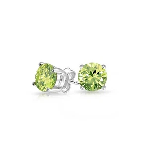 Genuine 925 Sterling Silver Round Peridot Stone Studs Earrings -6mm - Picture 1 of 2