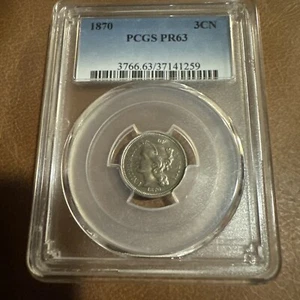 SCARCE 1870 3 THREE CENT NICKEL PCGS PR63 PROOF 63 FULLY STRUCK LIGHT CAMEO - Picture 1 of 2