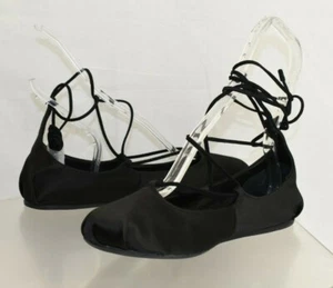 NIB PRADA 1F657H BLACK CANVAS SATIN ANKLE WRAP LACE BALLERINA FLATS 37 ITALY - Picture 1 of 12