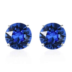Created Blue Sapphire Sterling Silver Womens Round Stud Earrings - Picture 1 of 7