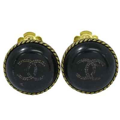 Pendientes redondos enchapados en oro de plástico CHANEL CC clip negro Foto 1 de 4