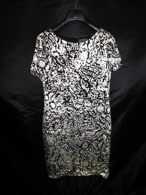 Vestido ST JOHN Talla 6 Negro Gris Púrpura Estampado Manga Corta Mezcla Seda Vaina Rodilla Foto 1 de 4