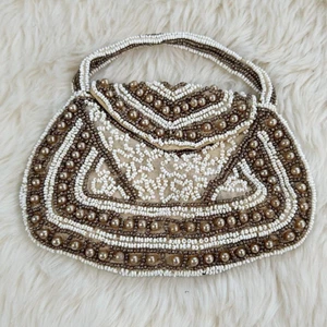 Vintage Beaded Purse Small 6 in x 4 in  Gold White 1 pocket Snap Flap - Picture 1 of 3