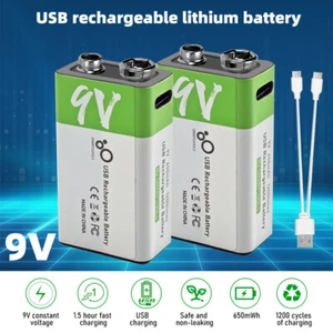 9V Li-ion USB Rechargeable Batteries 650mWh 9 Volt Lithium Ion Battery Pack - Picture 1 of 14