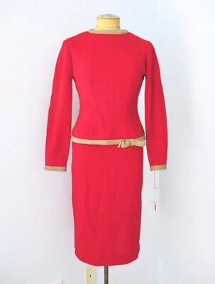 NOS vtg 60s Carlette red 2-pc wiggle dress cropped top suit beige bow 7 - 9 - Image 1 of 4