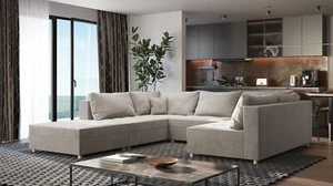 Wohnlandschaft Sofa ANDRO Schlaffunktion und Hocker Stoff Fresh Beige - Bild 1 von 6