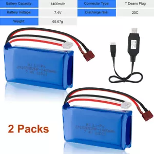 2 Stück 7,4V Lipo Akkus 20C 1400mAh T Anschluss+USB Ladegerät für RC Auto Drohne - Bild 1 von 9
