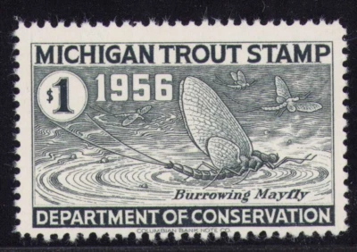 1956 Michigan Trout Stamp, Department of Conservation, $1 Burrowing Mayfly - Image 1 of 2