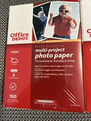 Multi-Project Photo Paper 4x6 100 Sheets Pack Inkjet Gloss Office Depot 8 mil - Image 1 of 3
