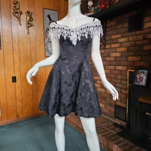 Vintage 90s Lace Jacquard Mini Party Homecoming Prom Formal Goth Glam Dress S/M - Picture 1 of 9