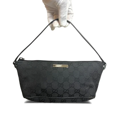 GUCCI GG Canvas Mini Handbag Accessory Pouch Black Leather Trim Vintage Italy - Image 1 of 4