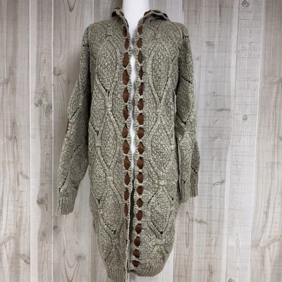 POL女式DiamondEyelet棕褐色毛衣CardiganDuster肘贴波西米亚小号 — 第 1/4 张图片