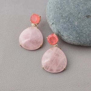 Real Rose Quartz Stones Stud Pink Crystal Earrings Jewelry Gift - Picture 1 of 6