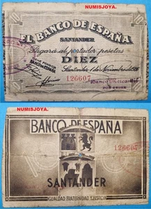 Banco de España SANTANDER. 10 Pesetas año 1936. RARO N.º 126607. ACEPTABLE. - Foto 1 di 1