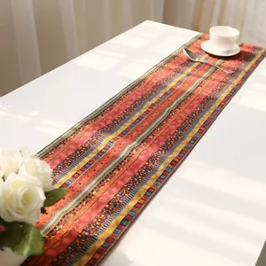 Ethnic Table Runner Boho Tasseled Edges Tablecloth Cotton Linen Table Cover - Picture 1 of 16