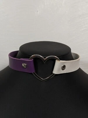 Purple White Faux Leather Open Heart Snap Cuff Choker Necklace 15 inch - Image 1 of 4