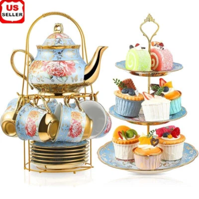 21 Pcs Tea Party Set Ceramic Teapot Cup Stand 3 Tier Cake Holder Elegant New — 第 1/4 张图片